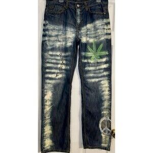 Helix 34x32 Custom Weed Leaf Marijuana Jeans Bleach Wash Peace Sign Y2K Grunge